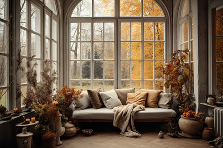 Scandinavia interior with big windows and autumn season. Generative AI, an Arts & Entertainment Photo by AlyaAnd
