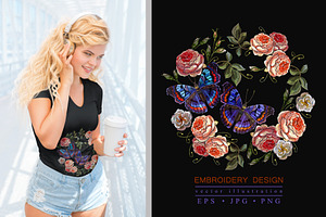 Embroidery Roses And Butterflies