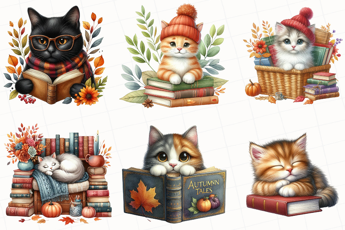 Cat and Book Fall Vibes Clipart, an Illustration by OK Design (Photo 2 of 5)