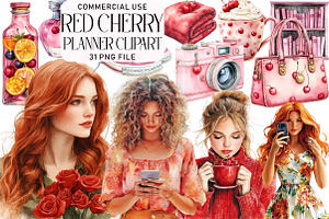 Red Cherry Planner Clipart, an Illustration by Daily.Designs