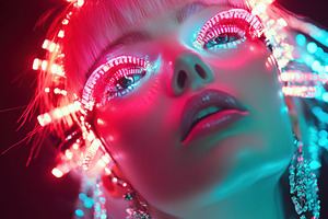 A striking portrait of a model with vibrant LED accessories, featuring colorful, a Person Photo by Textures & Backgrounds