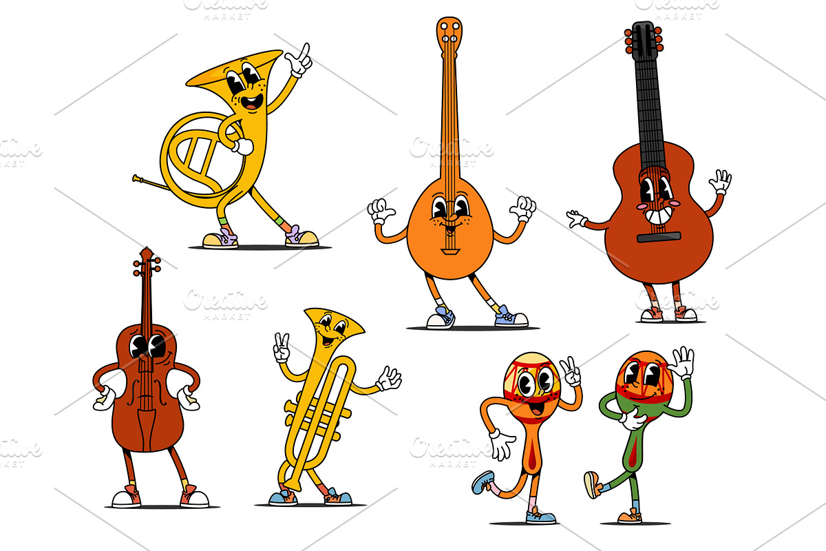 Cartoon groovy musical instruments, an Object Illustration by Vector Tradition
