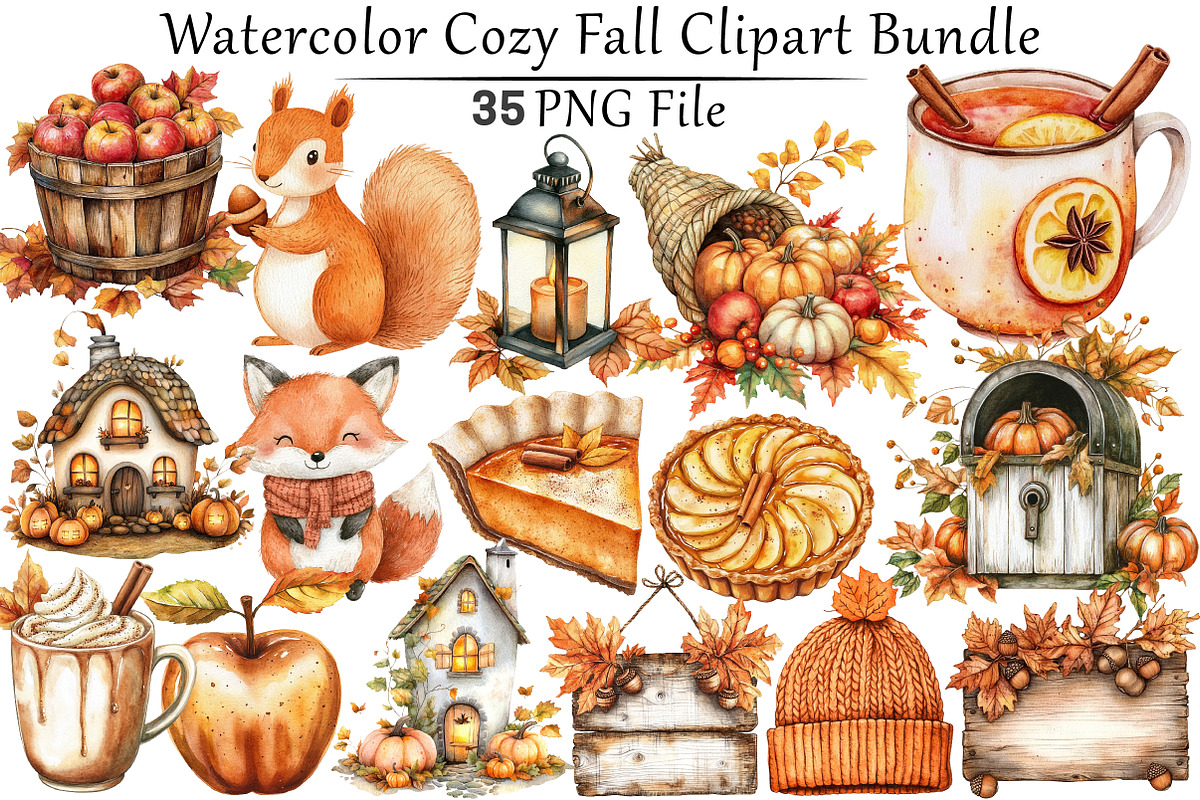 Watercolor Cozy Fall Clipart Bundle, a Seasonal Illustration by CitraGraphics (Photo 1 of 8)