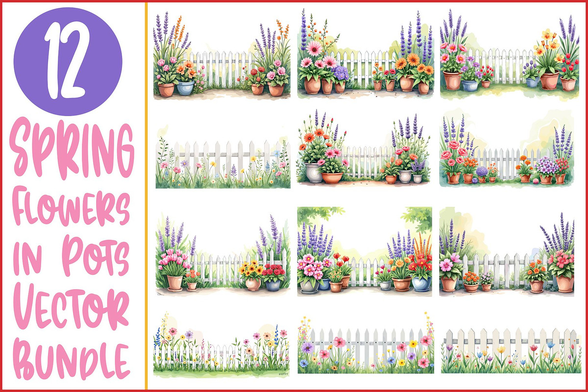 Spring Potted Flowers Fence Clipart, an Illustration by hafijul (Photo 1 of 13)