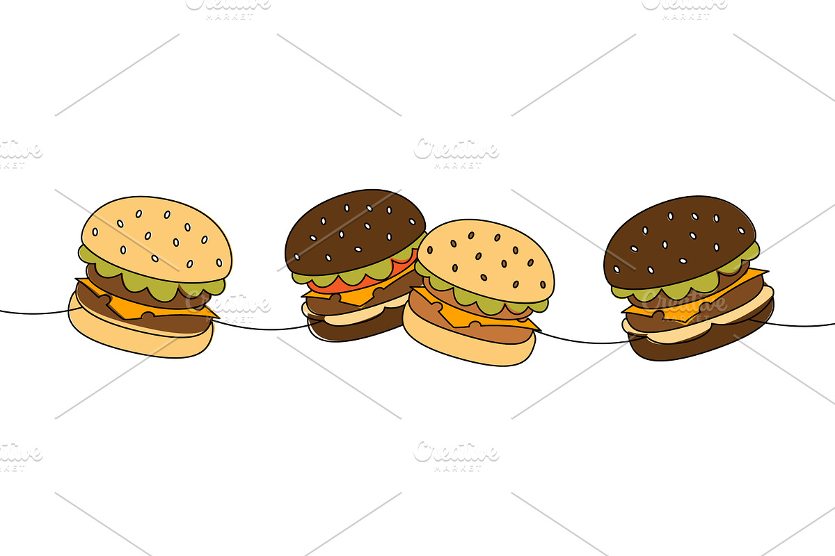 Fresh burger set one line colored, a Food Illustration by GraphiShop