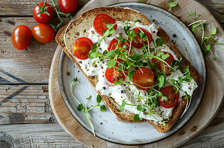 Sandwich with cream cheese, microgreens and tomatoes on wooden table, a Food & Drink Photo by AlyaAnd
