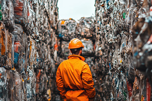 A worker recycling technologist in an orange safety suit and helmet stands betw, a Person Photo by Textures & Backgrounds