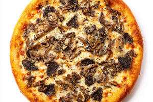 Round pizza showcasing rich dark truffles and delicious mushroom, a Photo by Studio ANNA