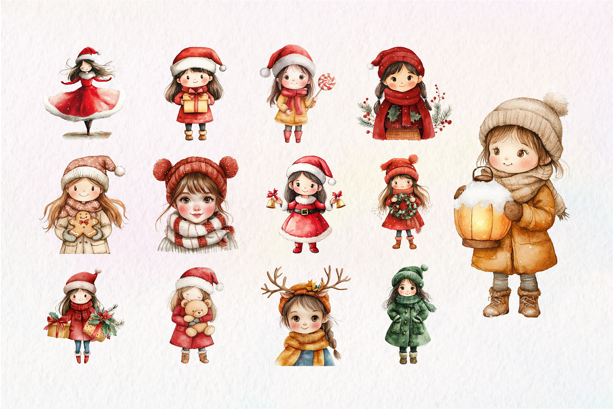 Christmas Girls Watercolor Clipart, an Illustration by Dream Creation (Photo 2 of 3)