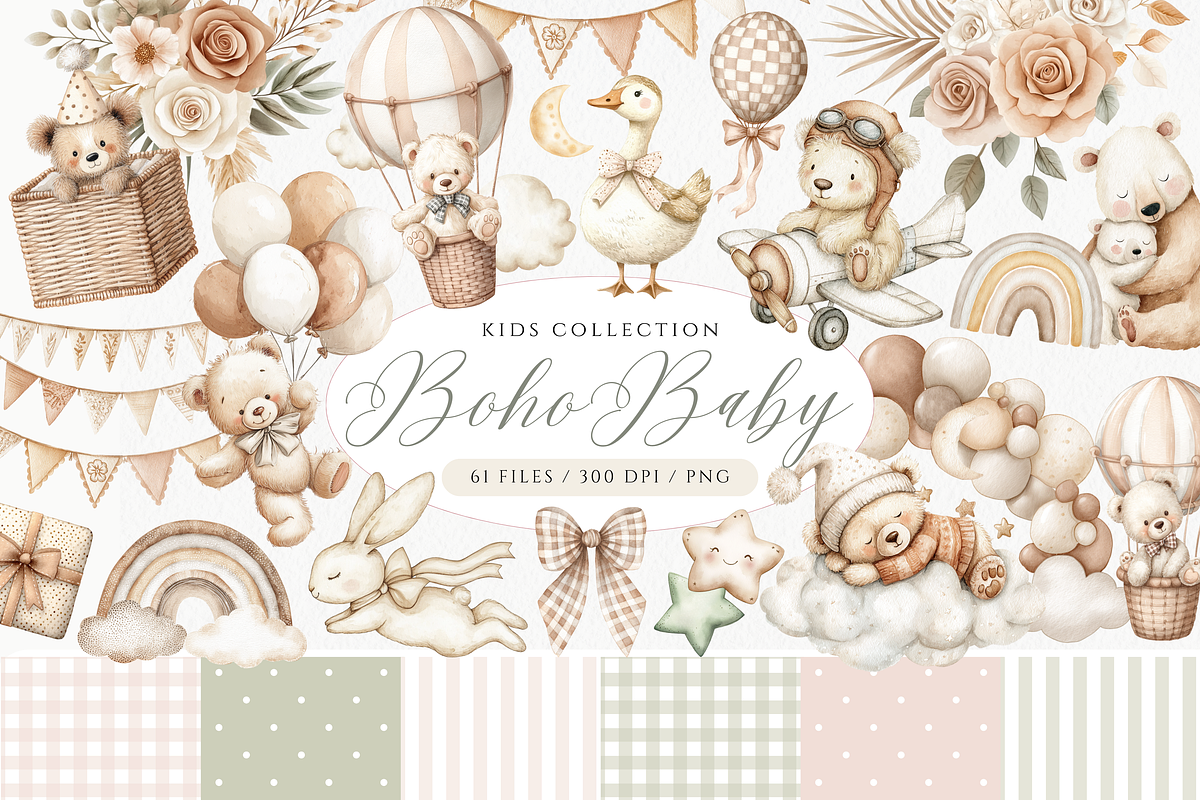 Boho Baby, Teddy Bear Clipart, a Decorative Illustration by ClipArtCharm (Photo 1 of 6)