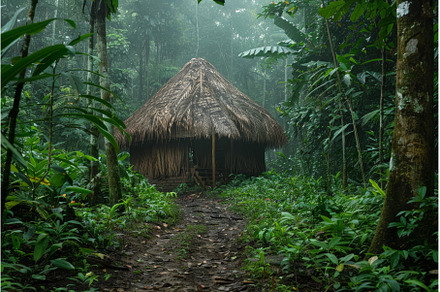 Enchanted jungle hut in misty forest, an Architecture Photo by Ylivdesign