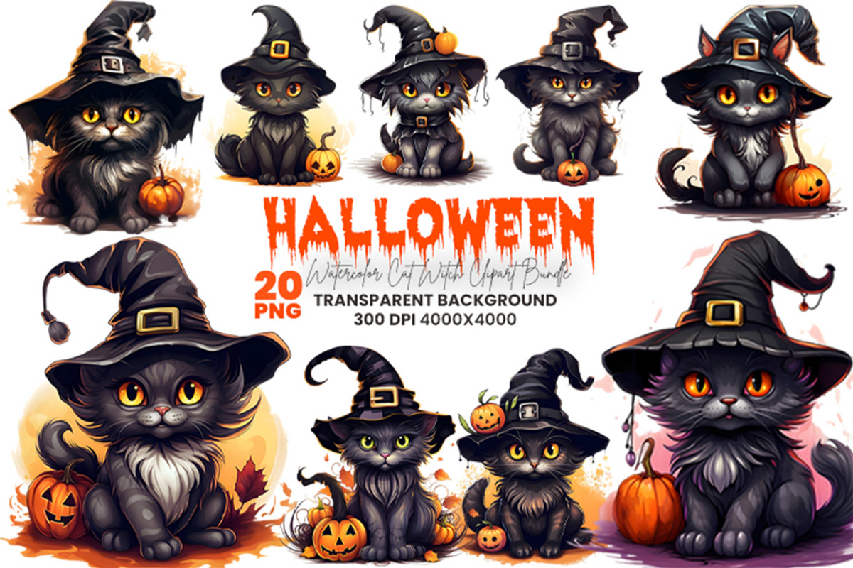 Halloween Cat Witch Clipart Bundle, a Seasonal Illustration by Creative Arslan (Photo 1 of 9)