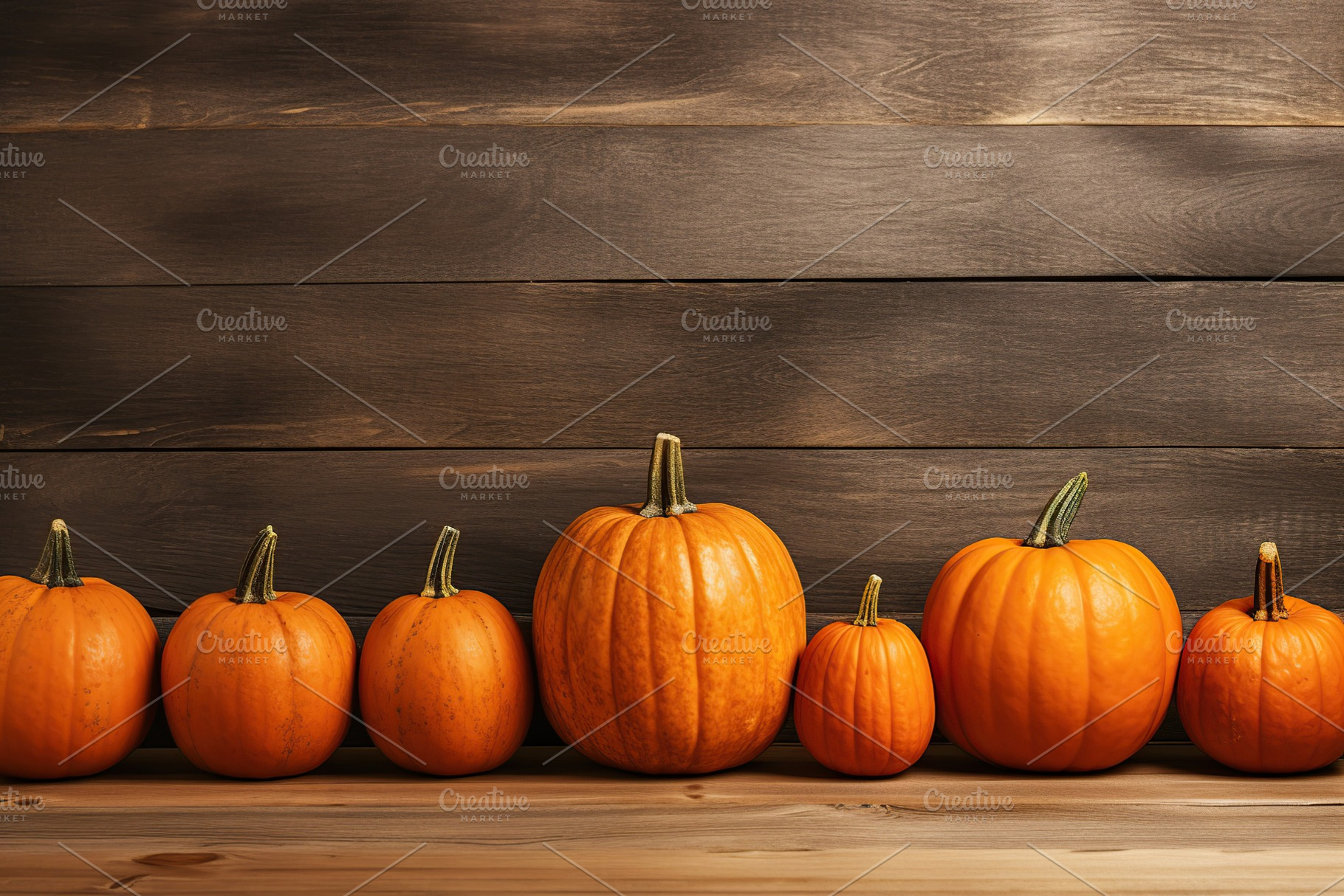 Orange pumpkins on brown wooden background, a Food & Drink Photo by AlyaAnd
