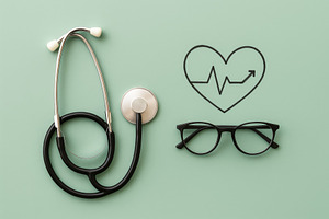 Medical flatlay concept with stethos, a Photo by Dvoevnore photos