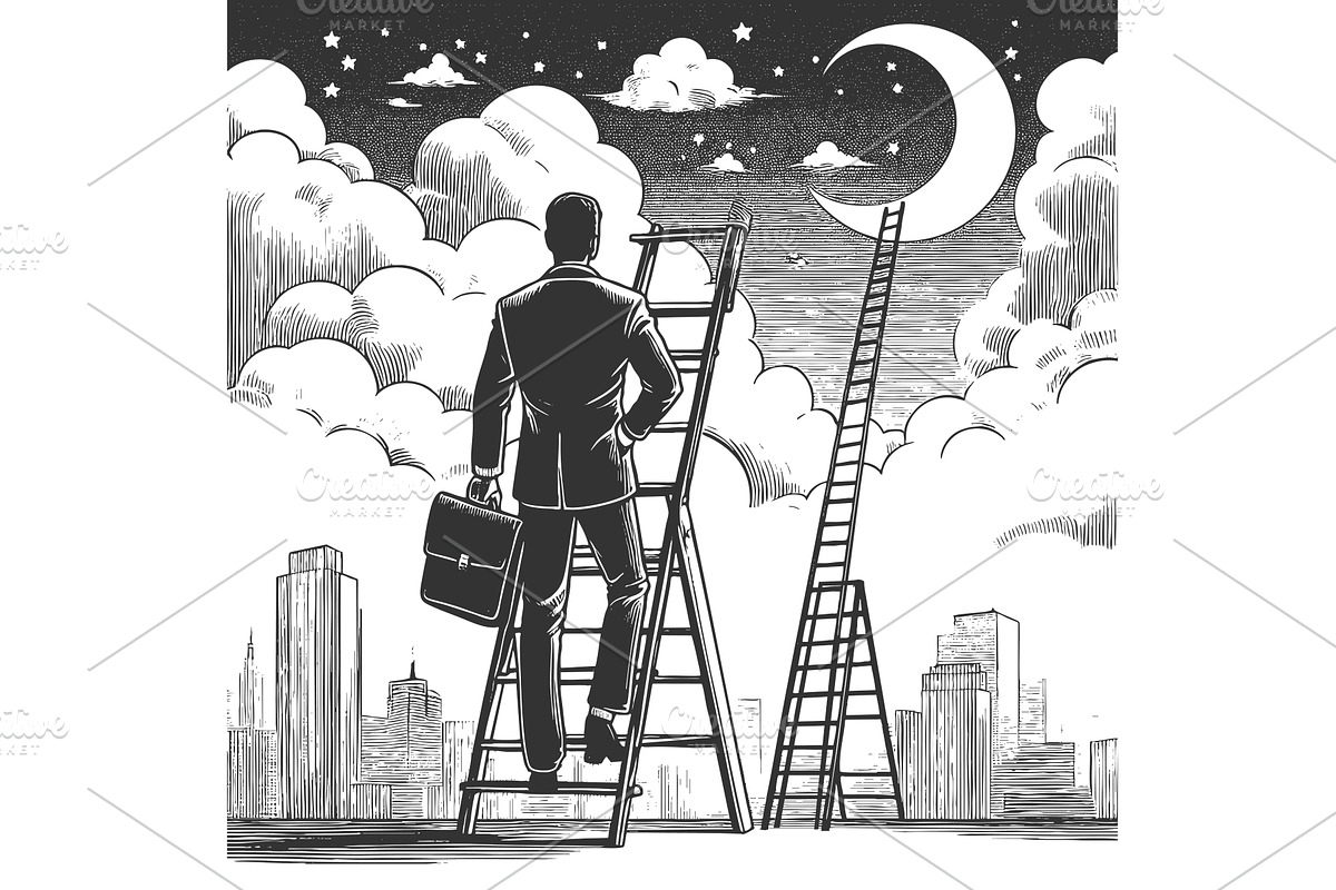 Businessman climbing ladder to reach, a Person Illustration by AlexArt