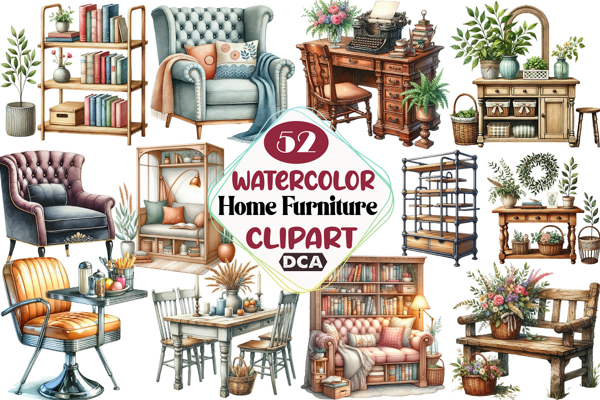 Home Furniture Clipart Watercolor, an Illustration by DreamCafeArt (Photo 1 of 3)