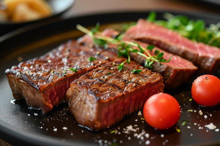 A plate of steak and tomatoes is pla, a Photo by Iftikhar Alam