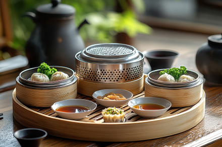 Delicious Dim Sum in Bamboo Steamers, a Background Photo by Pixeness