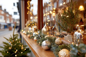 Festive Christmas window display with lights and ornaments, a Holiday Photo by AlyaAnd