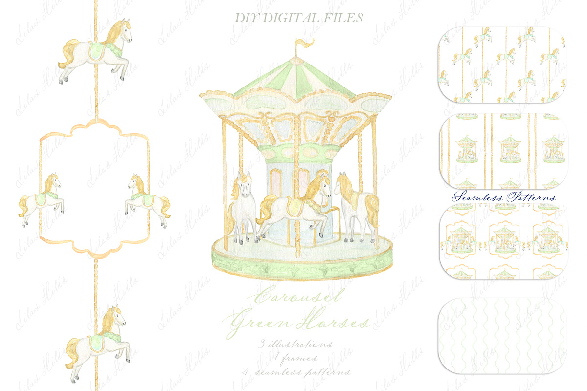 Carousel Horses Green Watercolor, an Illustration by LABFcreations (Photo 2 of 4)