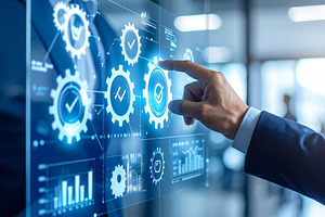 Professional adjusting a touchscreen dashboard with glowing proc, a Business Photo by DanFLCreativo