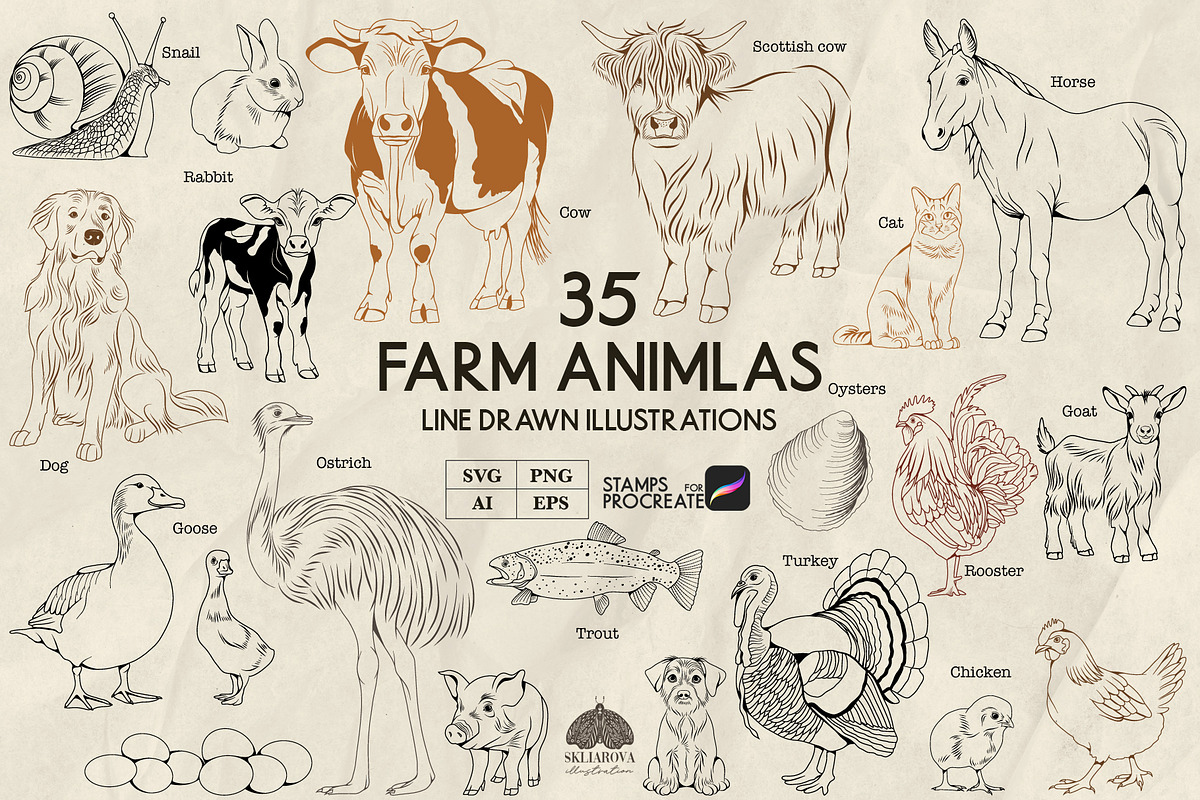 Farm Animals Line Art + Procreate, an Animal Illustration by Skliarova (Photo 1 of 3)