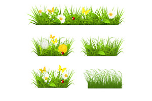 Green Grass With Flowers, Vector Set