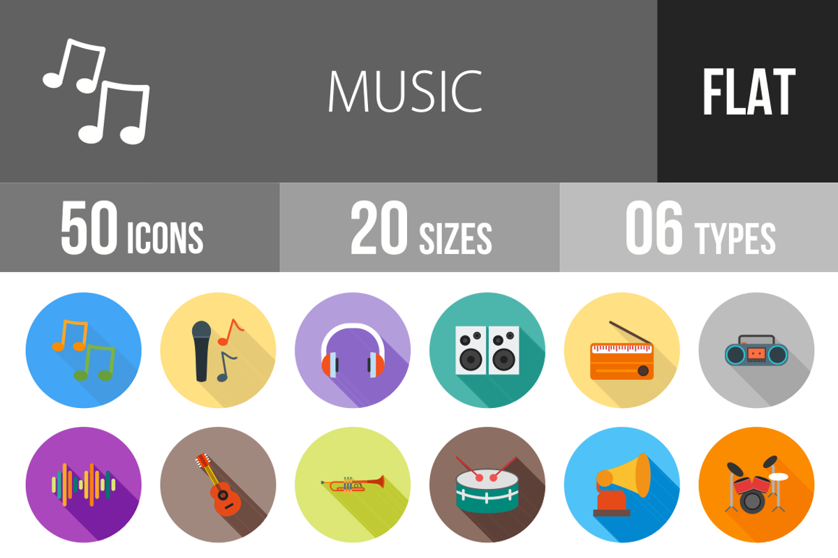 50 Music Flat Shadowed Icons, an Icon by IconBunny (Photo 1 of 3)