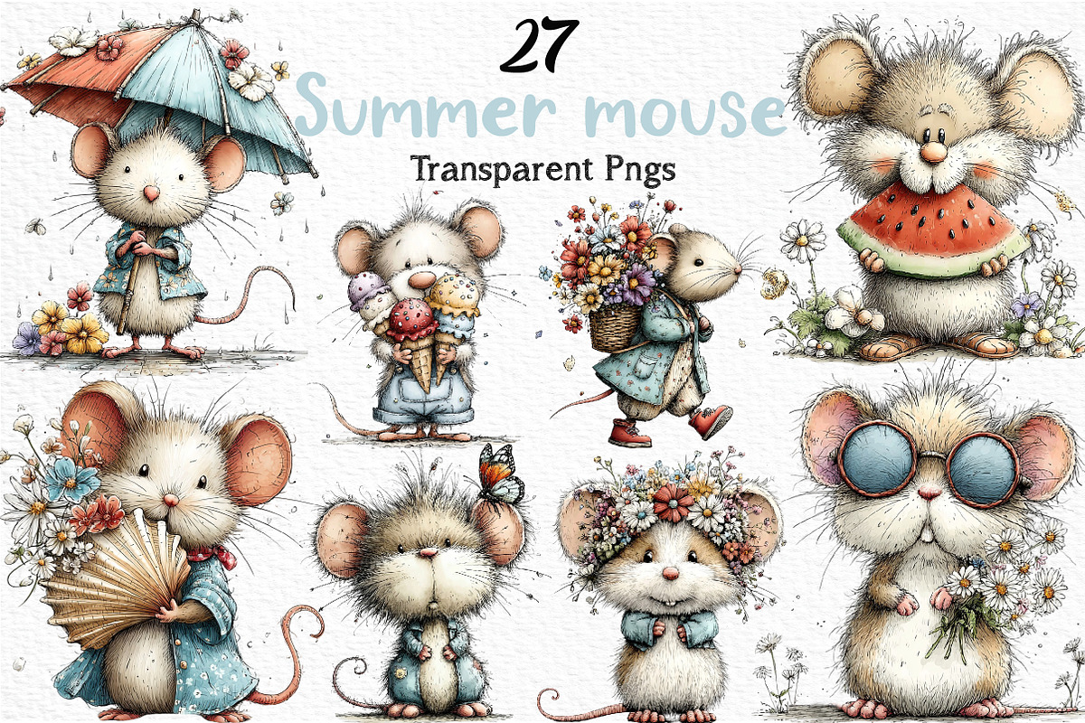 Whimsical Summer mouse Clipart, an Illustration by Craft Nest (Photo 1 of 12)