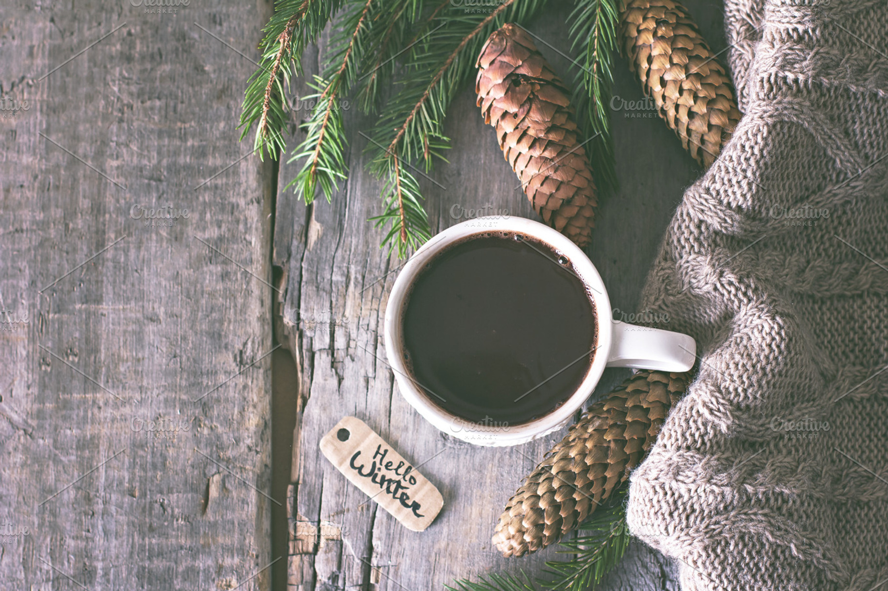 Coffee cones cozy knitted blanket containing marshmallow, hot, and cocoa, a Food & Drink Photo by Julia Shop