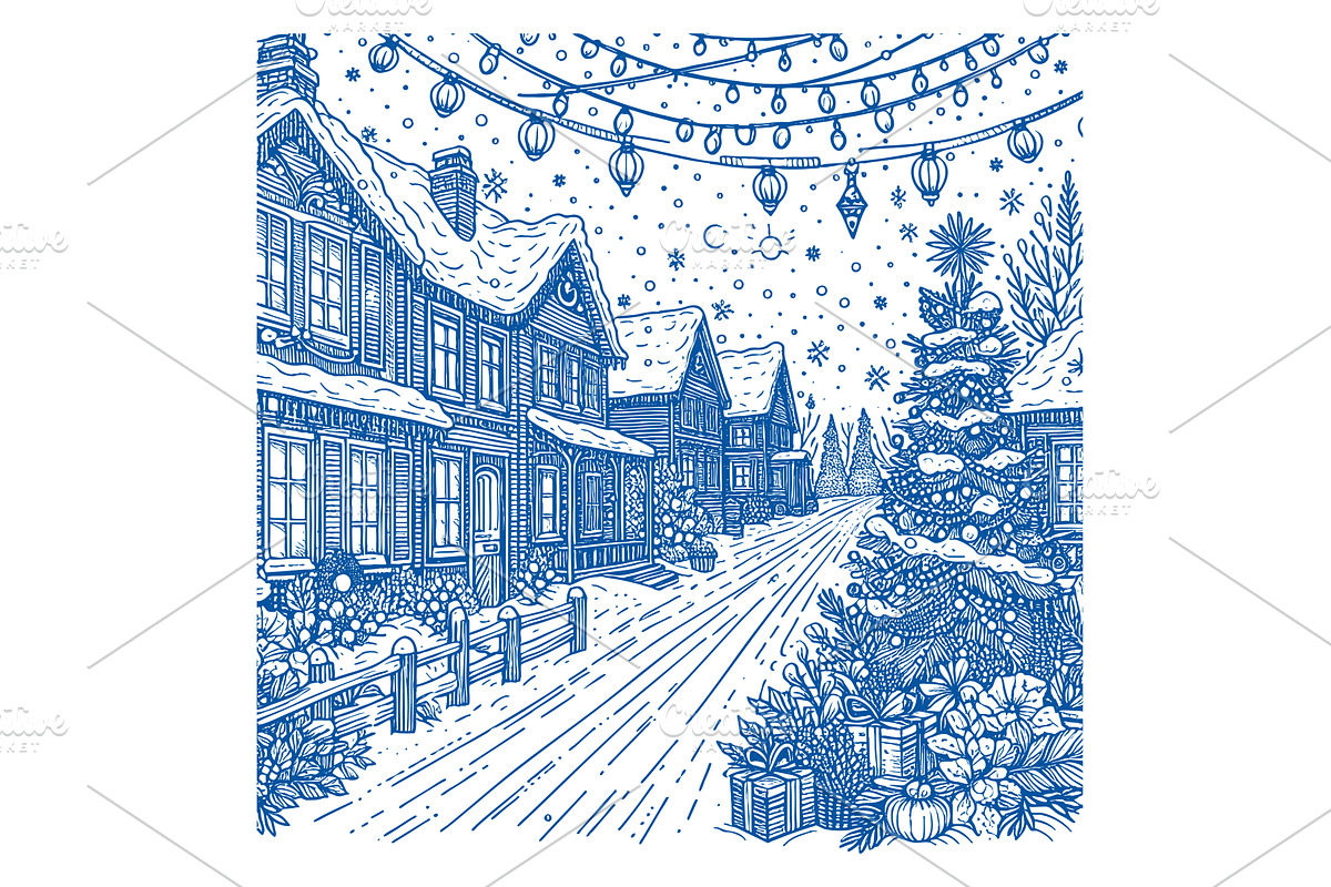 Snowy Christmas Village Street, an Illustration by AlexArt