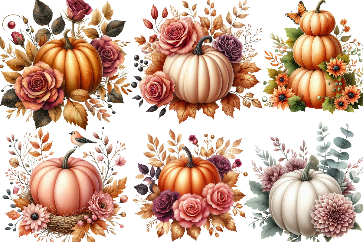 Watercolor Autumn Flower Pumpkin PNG, an Illustration by Designking (Photo 2 of 4)