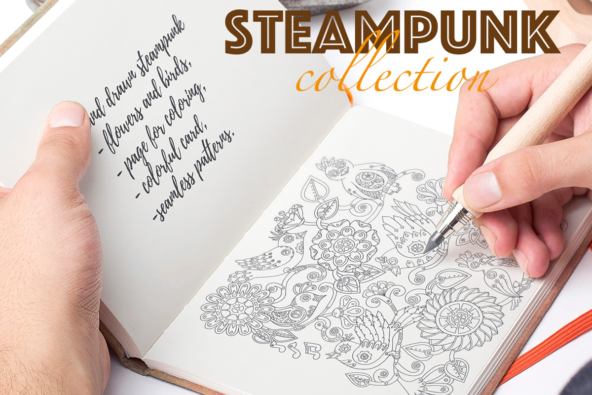 Stylish Steampunk birds and flowers, a Pattern Graphic by Julia_Snegireva (Photo 2 of 6)