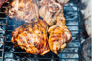 Close up fresh meat kebabs on, a Food & Drink Photo by Rodica Ciorba