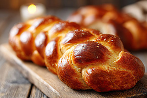 Perfectly braided challah bread on a wooden board ready for celebration or meal, a Food & Drink Photo by AlyaAnd