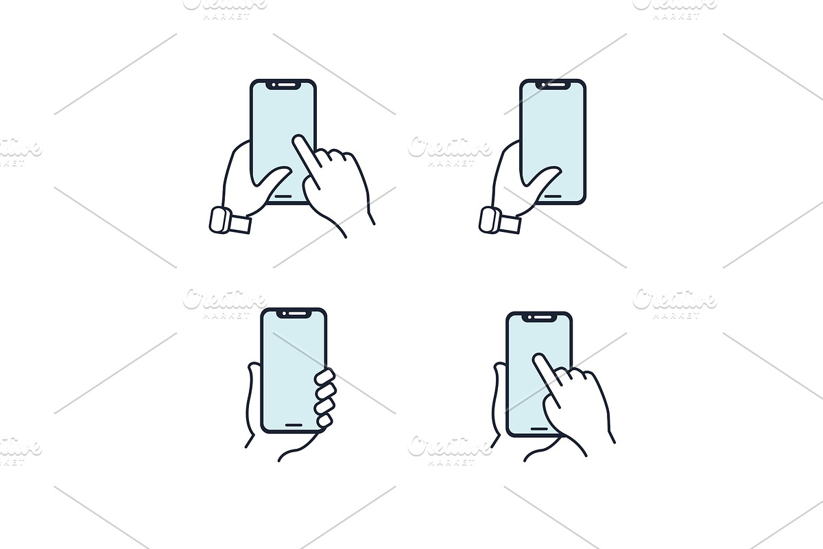 Hands holding smartphone. Flat line icon. Blue icon set., a Technology Illustration by Di Bronzino