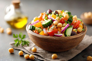 Fresh chickpea salad with vegetables, a Food & Drink Photo by AlyaAnd