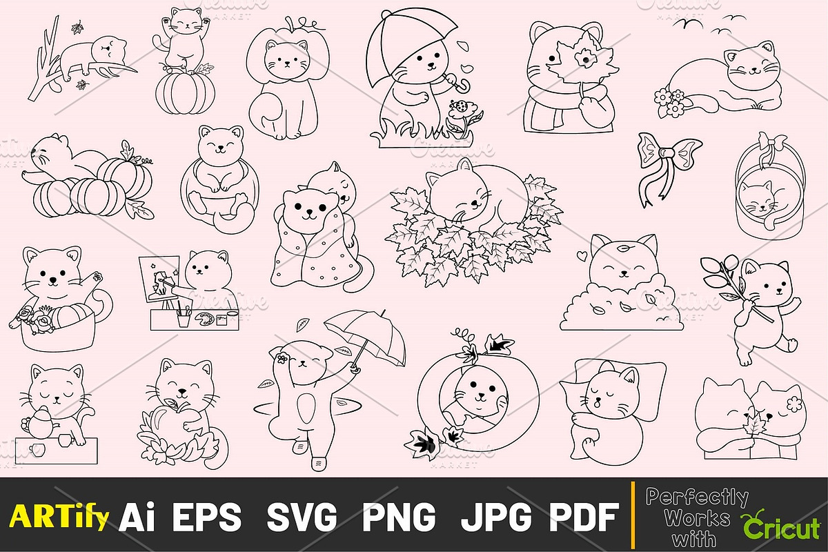 Funny Autumn Kawaii Cats Outline, an Animal Illustration by ARTify Illustrations (Photo 2 of 7)