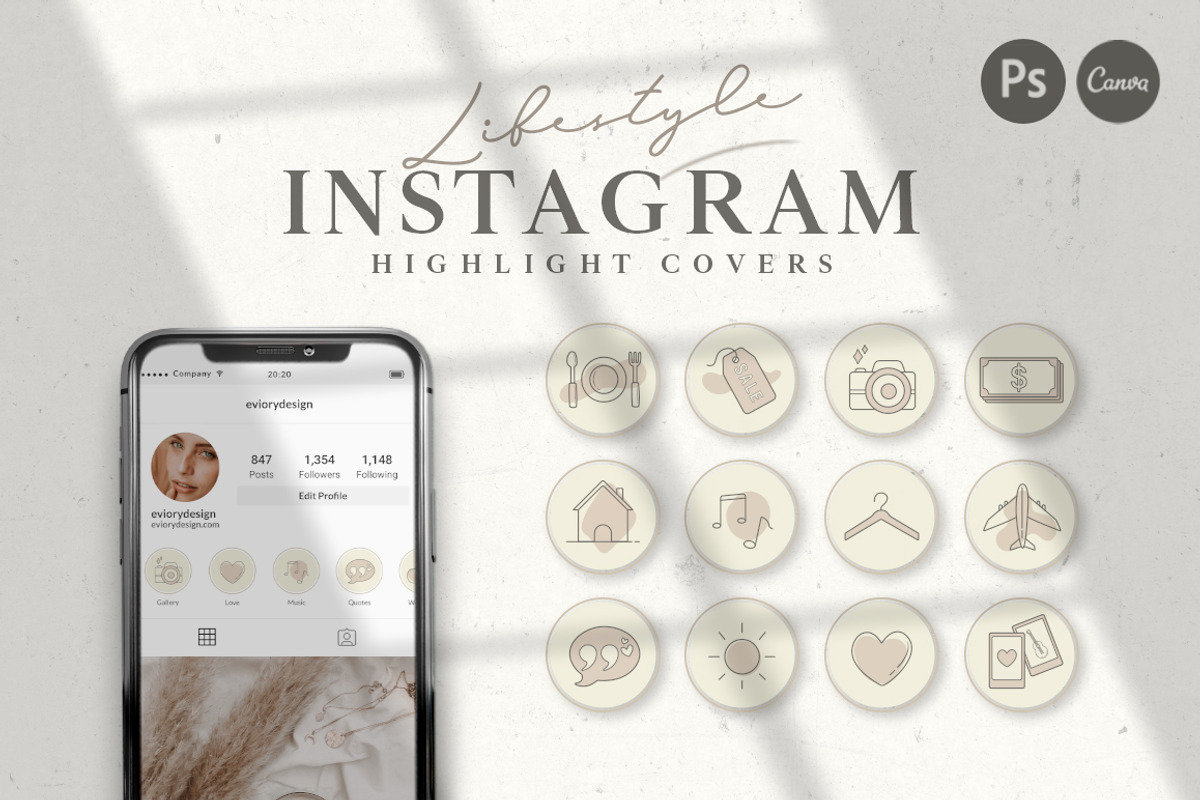 BUNDLE Highlight Instagram CANVA PS, a Social Media Template by Eviory
