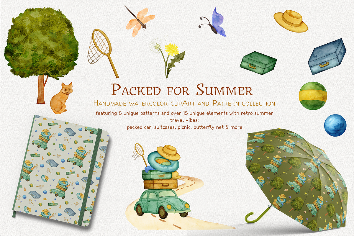 Packed for Summer Watercolor Set, a Pattern Graphic by Aurella Art (Photo 1 of 10)