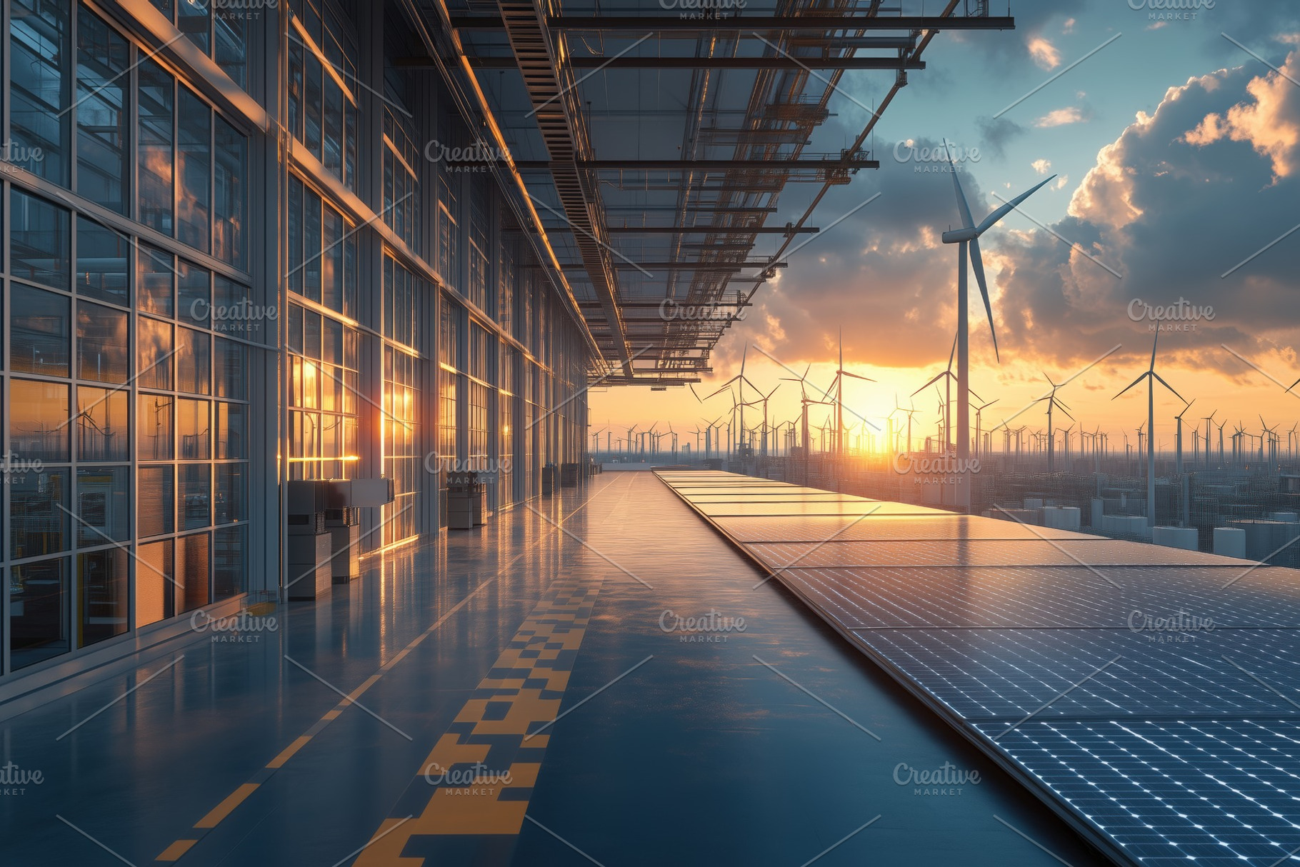 A modern industrial facility with solar panels and wind turbines at sunset, ref, a Transportation Photo by Textures & Backgrounds