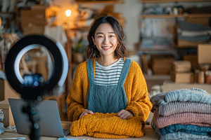 Happy woman selling knitwear online, a Photo by Pixeness Studio