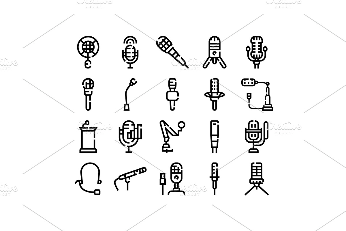 Microphones types icon set for audio, an Object Illustration by pikepicture