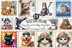 Funny Dog and Cat Postage Stamps, an Illustration by Designking