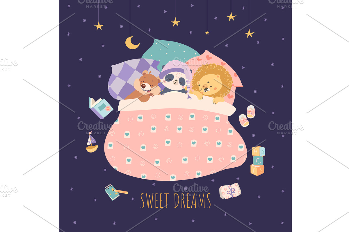 Friends sleep in bed. Cute animals, an Animal Illustration by Valerie Bodnar