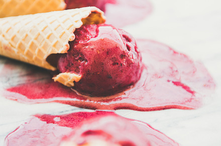 Raspberry sorbet icecream scoops in containing fresh, summer, and dessert, a Food & Drink Photo by Foxys