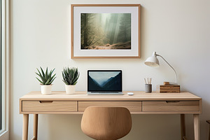 Wooden desk in a minimalist office space, with an mix of professional and perso