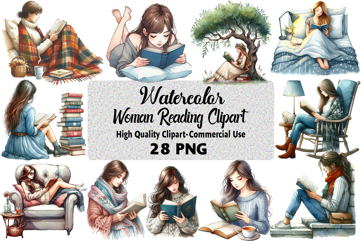 Watercolor Woman Reading Clipart, an Illustration by Daily.Designs (Photo 1 of 5)