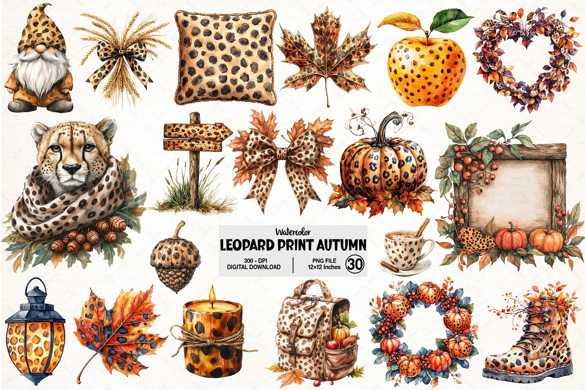 Watercolor Leopard Print Autumn Clip, an Illustration by Pixels.Craft (Photo 1 of 7)