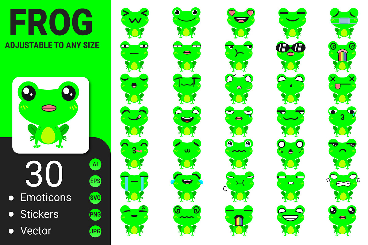 kawaii frog emoticon set. Cute Frogs, an Animal Illustration by Icons